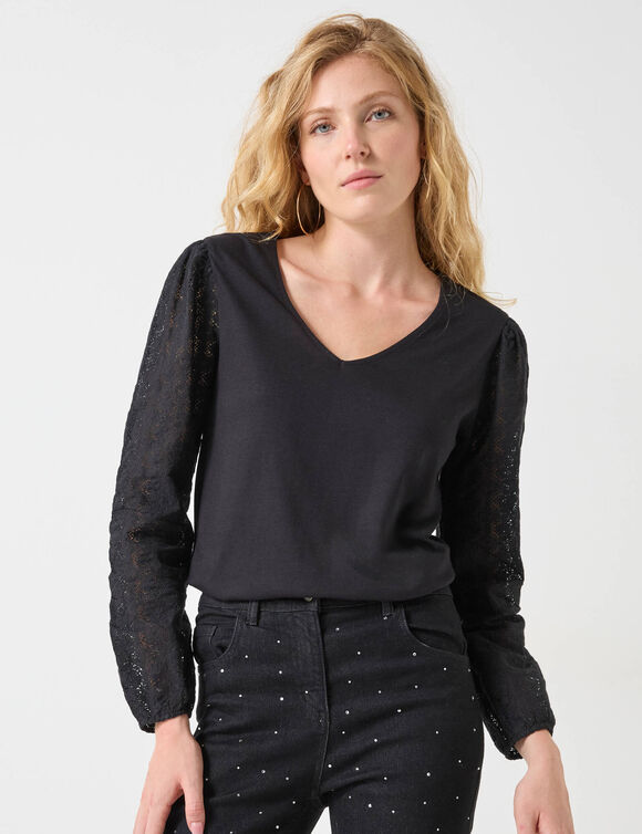 T-shirt col V manches dentelle (noir) T-shirt col V manches dentelle (noir)